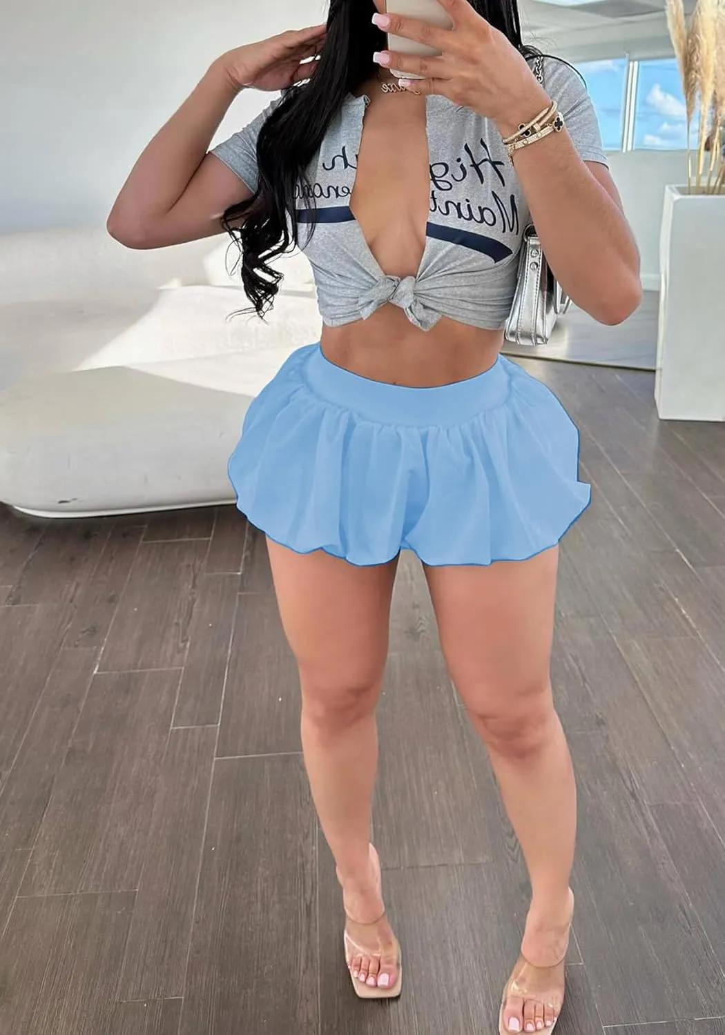 LETSVDO Women's Bubble Mini Skirt Y2k Puffy Pleated Ruffle Elastic Waist A Line Flare Balloon Cute Summer Short Skirts