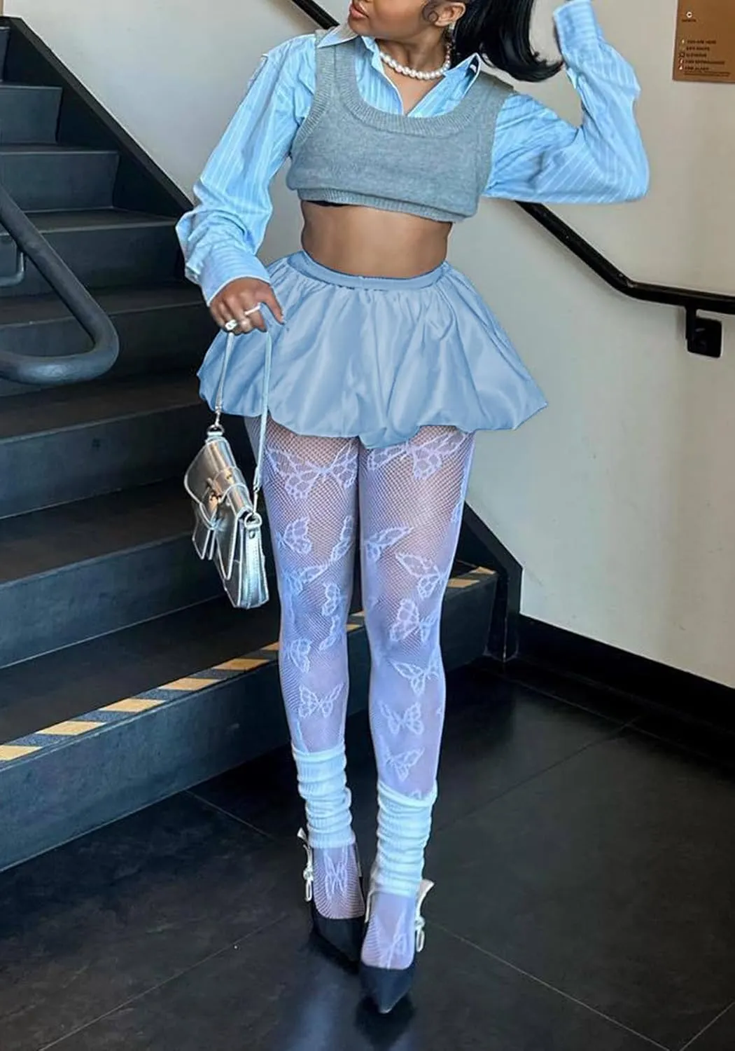 LETSVDO Women's Bubble Mini Skirt Y2k Puffy Pleated Ruffle Elastic Waist A Line Flare Balloon Cute Summer Short Skirts