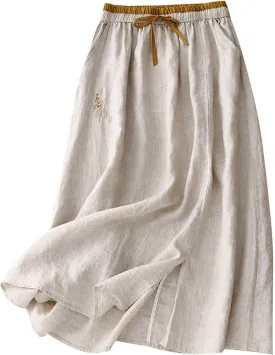 Linen Maxi Skirt, Women's Summer Bohemian Long Skirt, Cotton Elastic Waist Band Maxi Skirt Beach Party Holiday Skirt