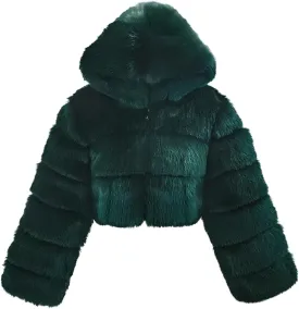 loveimgs Women Winter Fuzzy Hooded Cropped Faux Fur Jacket Puffer Coat Fluffy Parka Leather Warm Zip Up Teddy Coat
