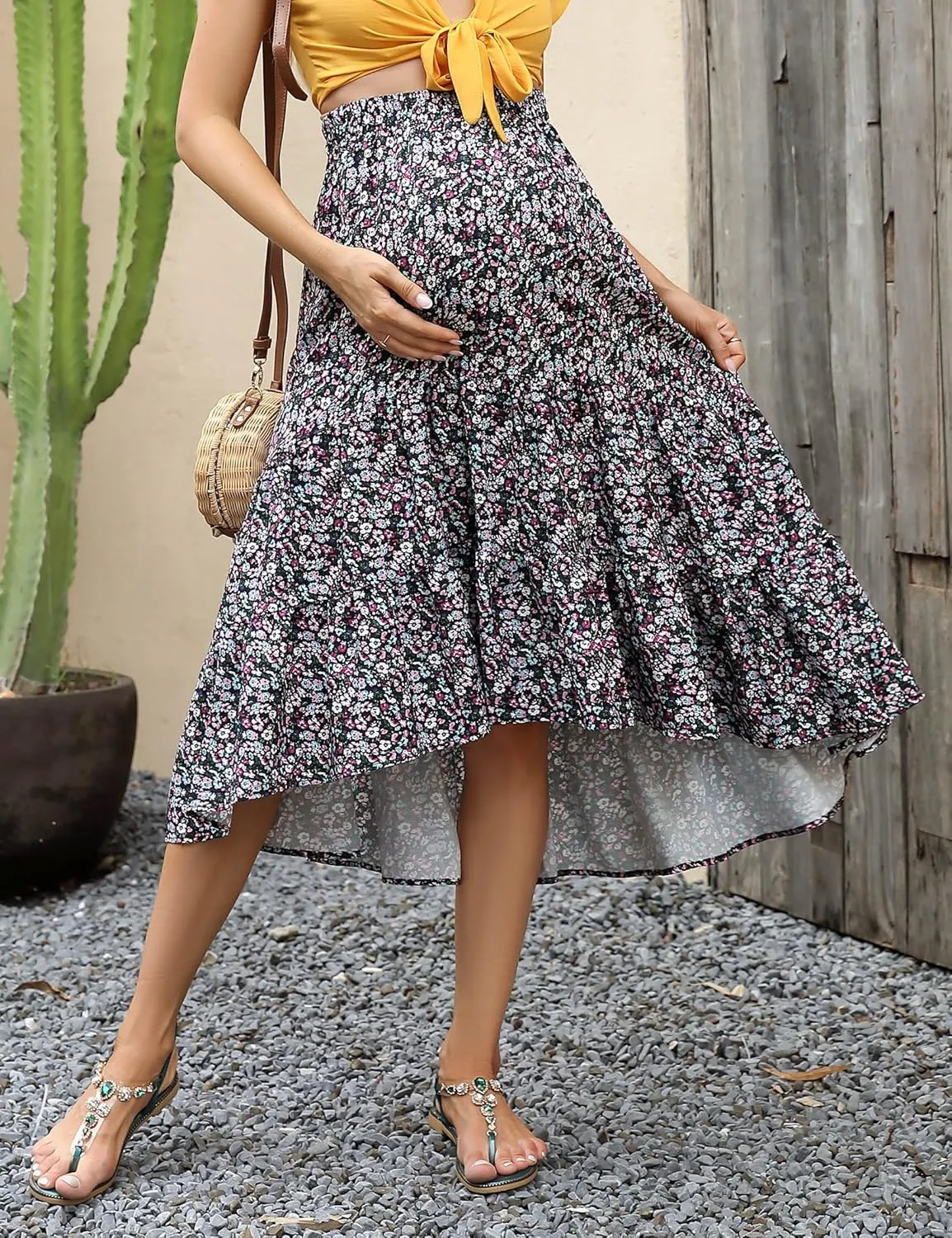 Maternity Skirt Women's High Waist Maternity Skirts Ruffled Tiered Casual A Line Swing Boho Skirts for Women