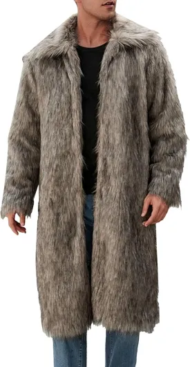 Men's Fox Fur Winter Coat Jackets Casual Fluffy Winter Long Jacket Faux Fur Turn-Down Collar Coat