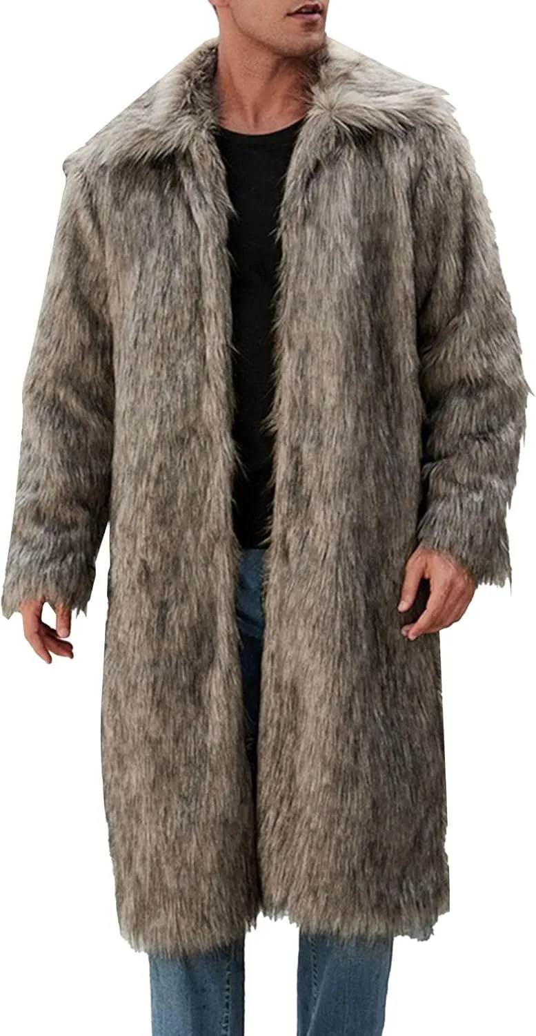 Men's Fox Fur Winter Coat Jackets Casual Fluffy Winter Long Jacket Faux Fur Turn-Down Collar Coat