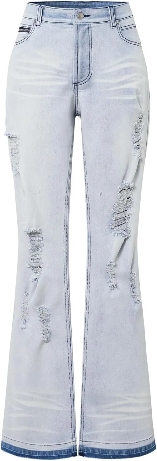 Men's Low-Rise Stretch Ripped Jeans Flare Slim Fit Fashion Denim Jeans