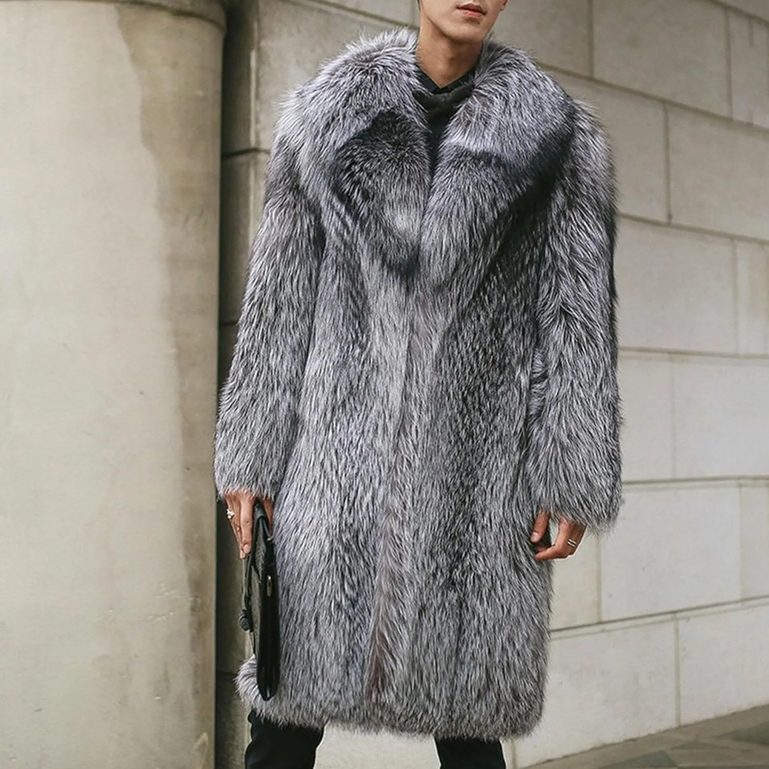 Men's Warm Fur Turn Down Collar Overcoat Fashion Long Sleeve Fluffy Coat Casual Long Soft Jacket Outerwear