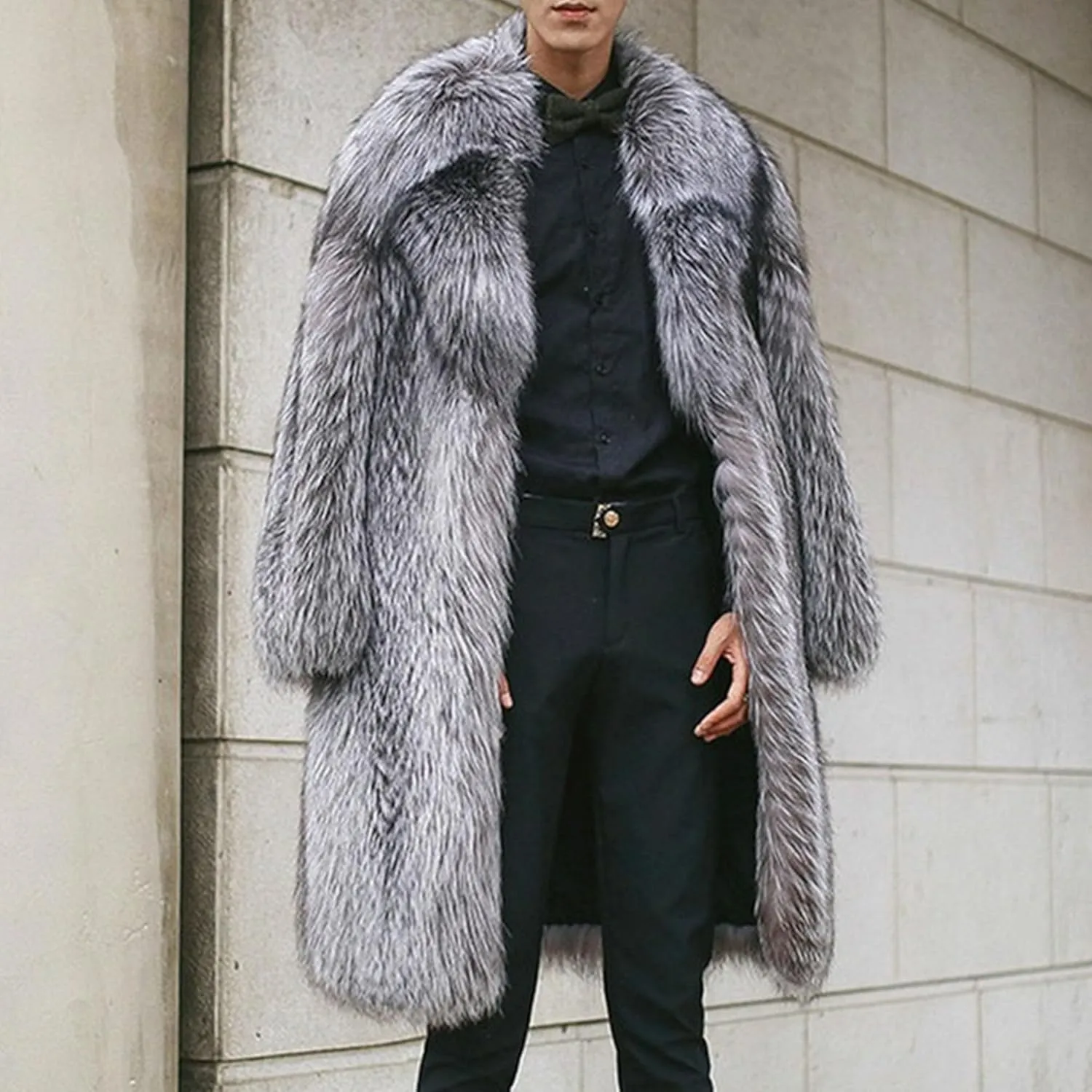 Men's Warm Fur Turn Down Collar Overcoat Fashion Long Sleeve Fluffy Coat Casual Long Soft Jacket Outerwear