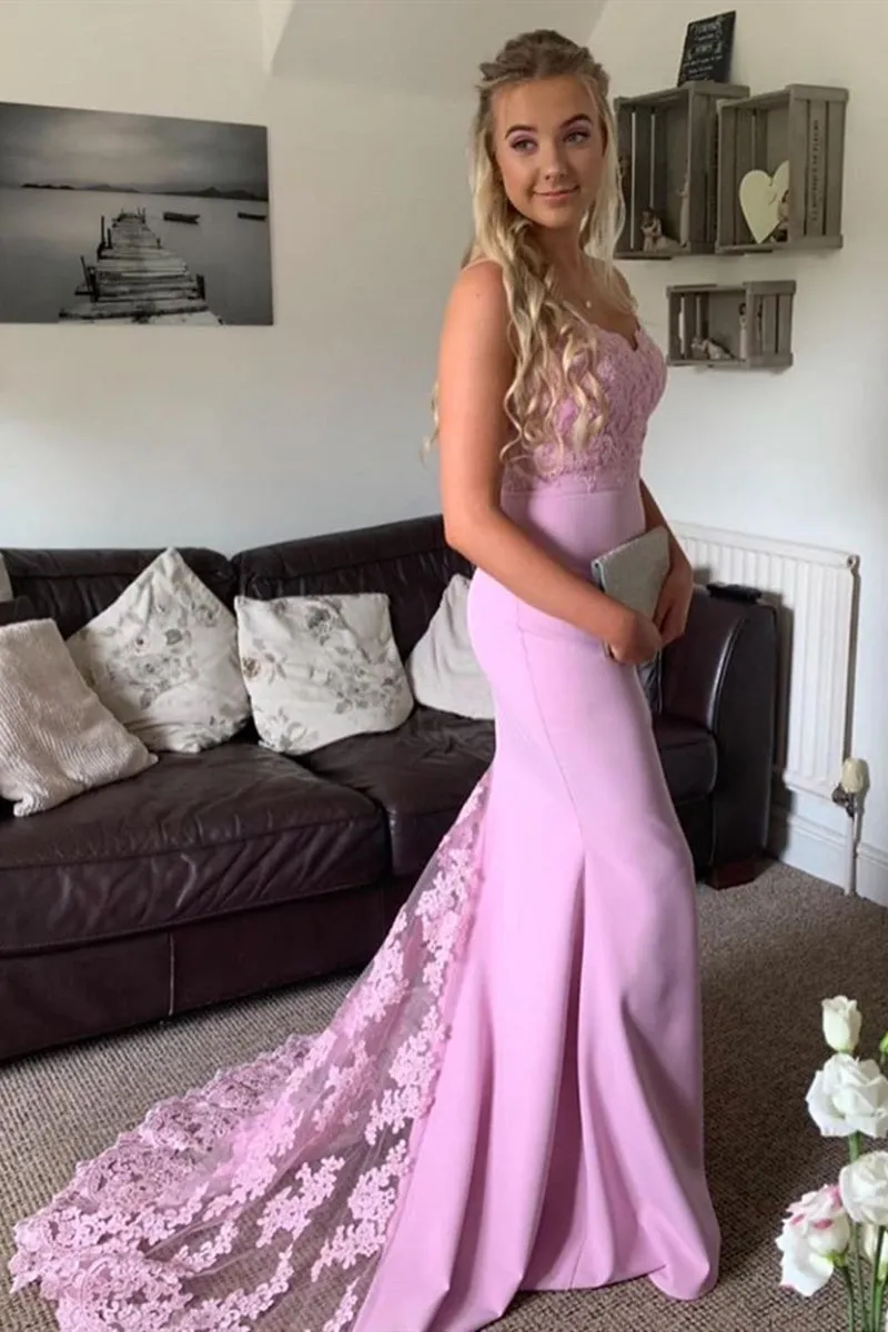 Mermaid Lavender Lace Long Prom Dress with Train, Lavender Lace Formal Dress, Lavender Bridesmaid Dress