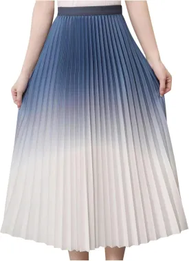 Ombre Pleated Midi Skirt for Women Gradient High Waist Flowing A Line Skirts Fashion Spring Summer Dress