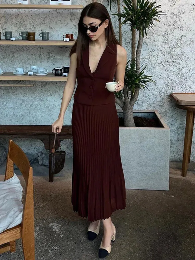 Pleated Midi Skirt Charming And Vest Set