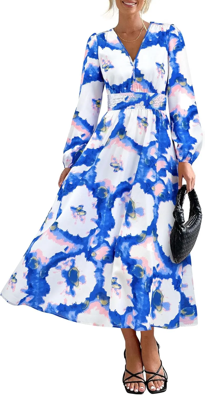 PRETTYGARDEN Women's Spring Floral Midi Dress Fall Long Sleeve V Neck Flowy Casual Beach Vacation Wedding Guest Dresses