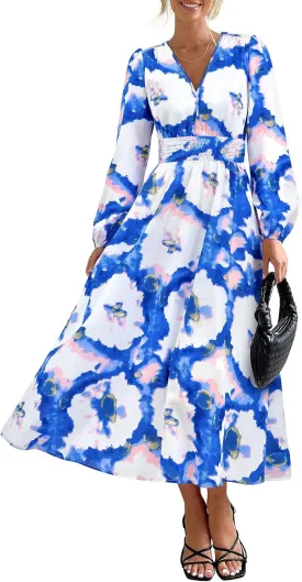 PRETTYGARDEN Women's Spring Floral Midi Dress Fall Long Sleeve V Neck Flowy Casual Beach Vacation Wedding Guest Dresses