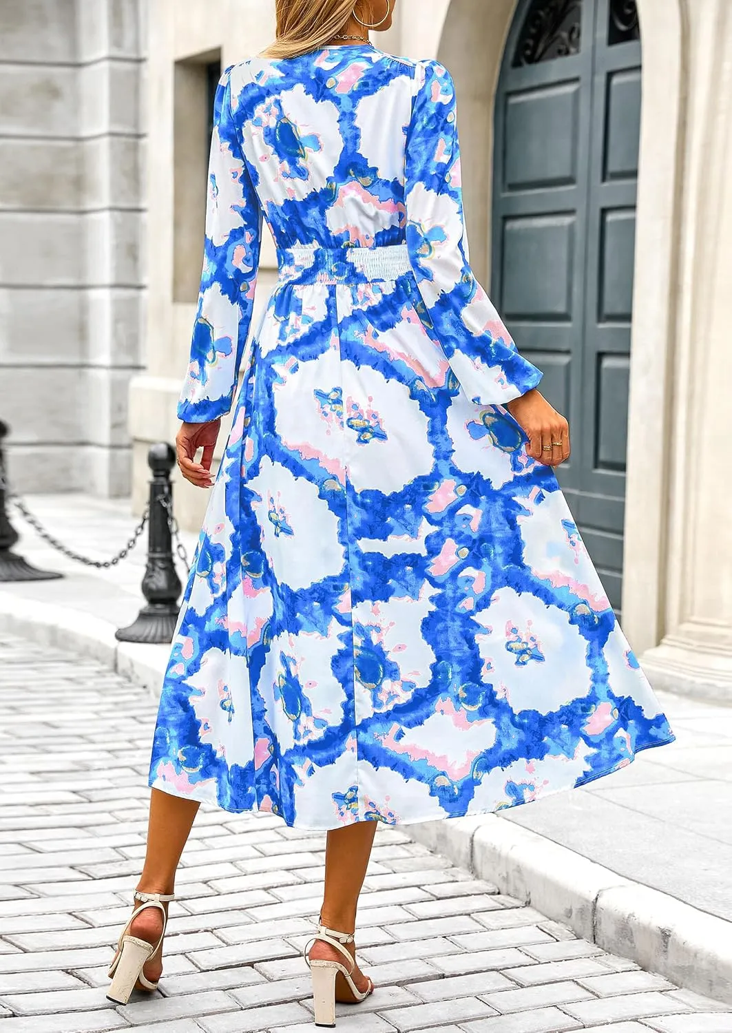 PRETTYGARDEN Women's Spring Floral Midi Dress Fall Long Sleeve V Neck Flowy Casual Beach Vacation Wedding Guest Dresses