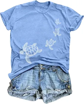 Sea Turtle Shirt for Women: Funny Animal Print Tee Ocean Life T Shirt Hawaiian Vacation Summer Tops