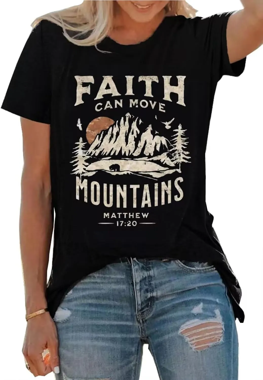 Sun and Mountain Shirt for Women Camping Hiking Shirt Sunrise Pine Tree Graphic Tees Nature Casual Short Sleeve Shirt