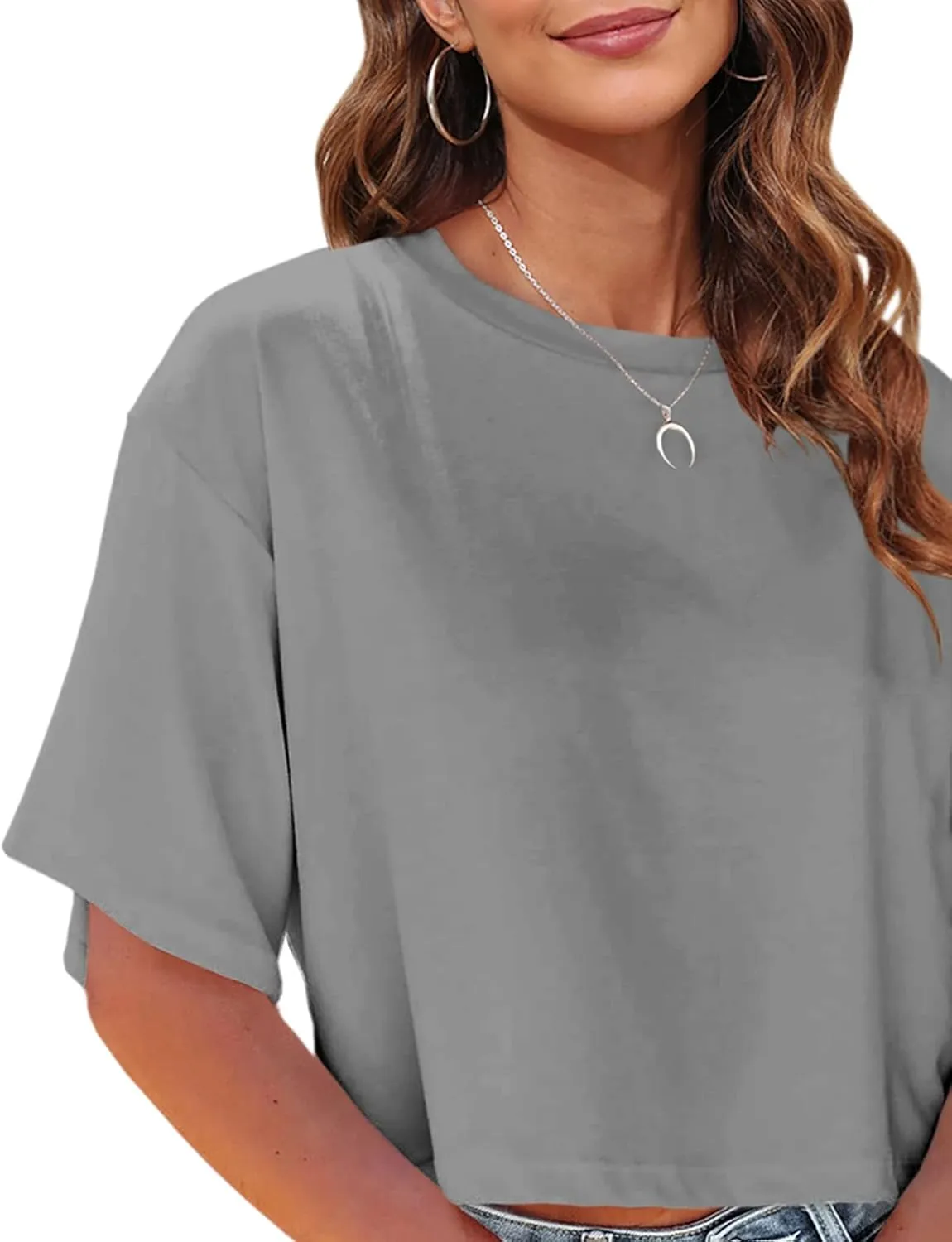 Tankaneo Women Half Sleeve Cropped T-Shirts Drop Shoulder Round Neck Crop Tops Casual Summer Solid Color Basic Tees