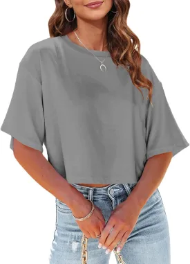 Tankaneo Women Half Sleeve Cropped T-Shirts Drop Shoulder Round Neck Crop Tops Casual Summer Solid Color Basic Tees