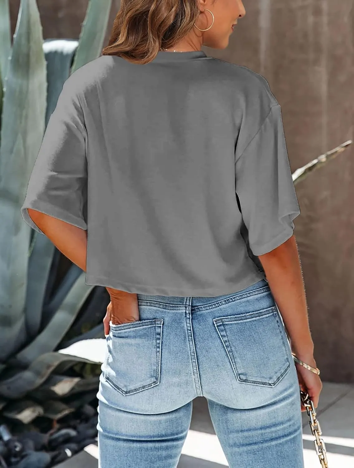 Tankaneo Women Half Sleeve Cropped T-Shirts Drop Shoulder Round Neck Crop Tops Casual Summer Solid Color Basic Tees