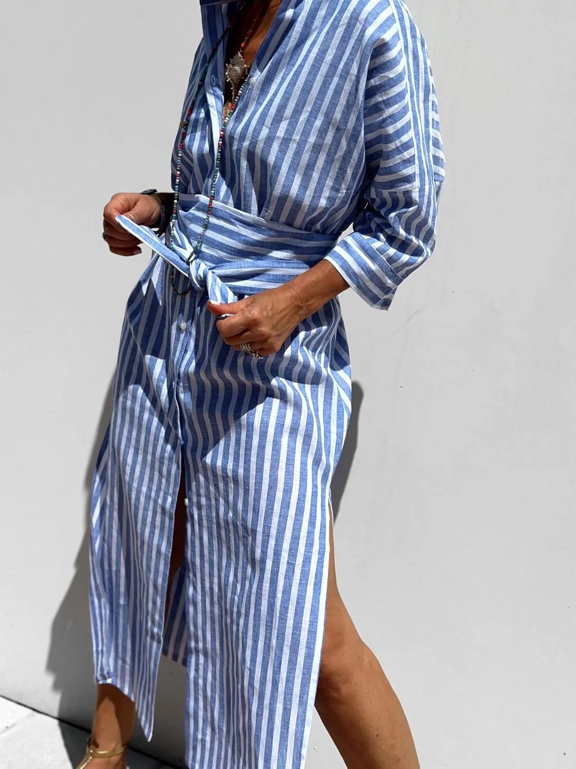 Women 2025 Summer Shirt Dress Classic Striped Lace-Up Shirt Dress Button Down Split Belted Vacation Maxi Dress