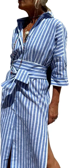 Women 2025 Summer Shirt Dress Classic Striped Lace-Up Shirt Dress Button Down Split Belted Vacation Maxi Dress