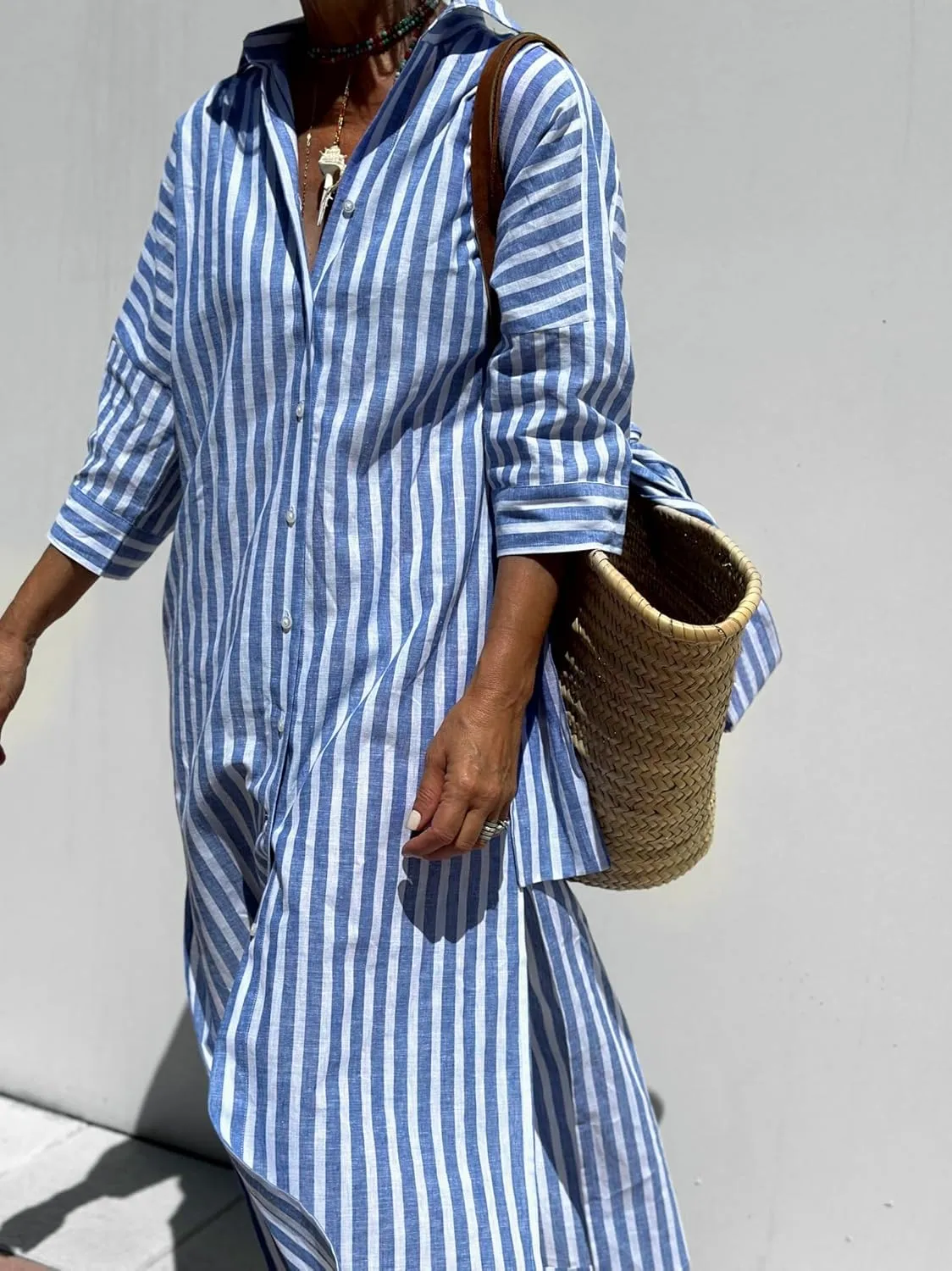 Women 2025 Summer Shirt Dress Classic Striped Lace-Up Shirt Dress Button Down Split Belted Vacation Maxi Dress