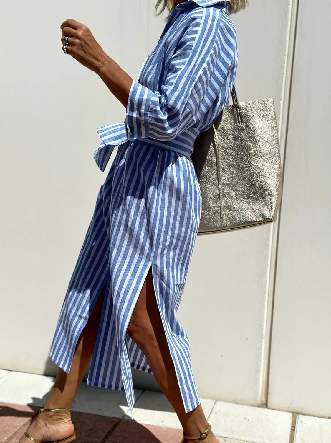 Women 2025 Summer Shirt Dress Classic Striped Lace-Up Shirt Dress Button Down Split Belted Vacation Maxi Dress