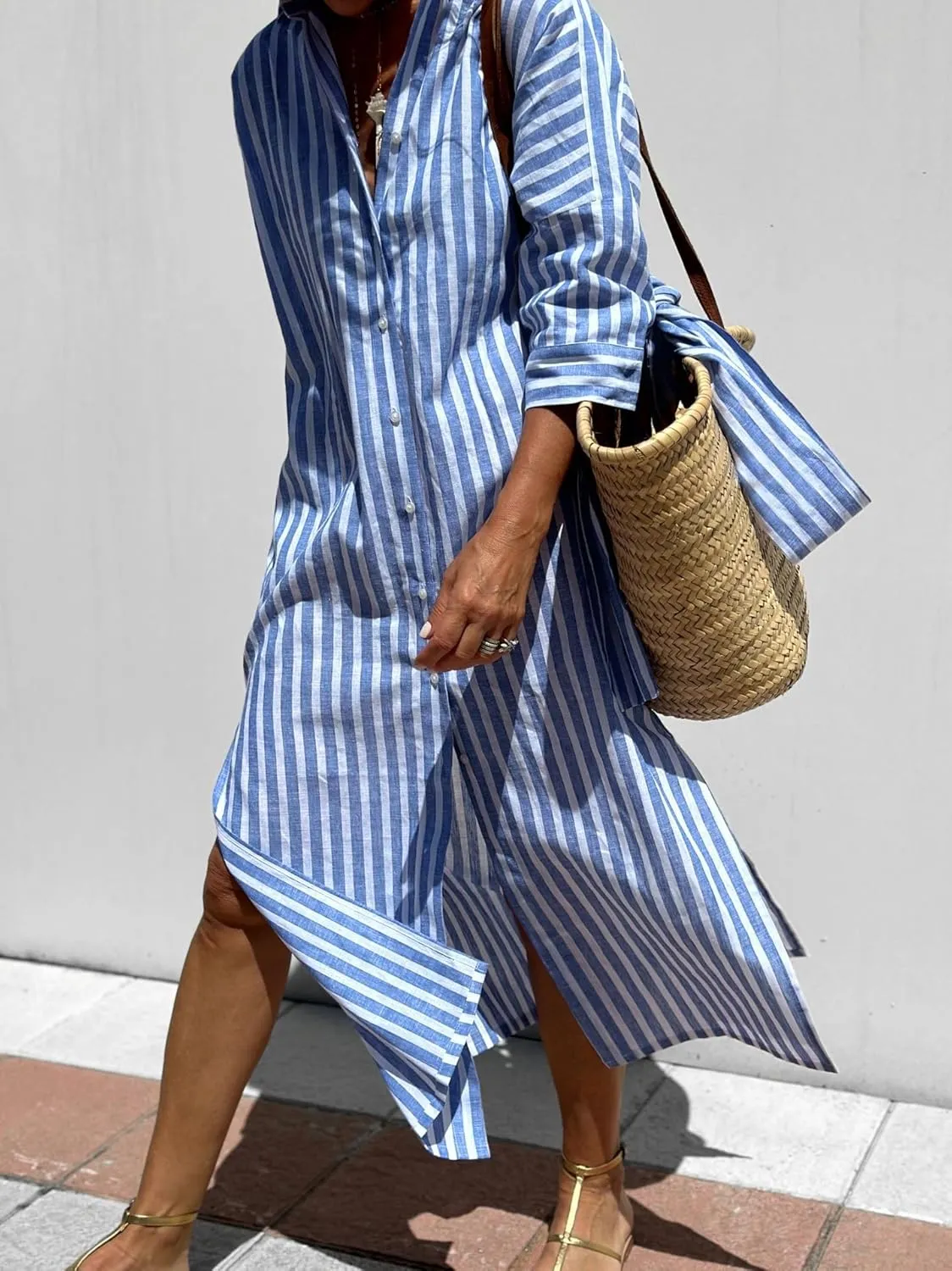 Women 2025 Summer Shirt Dress Classic Striped Lace-Up Shirt Dress Button Down Split Belted Vacation Maxi Dress