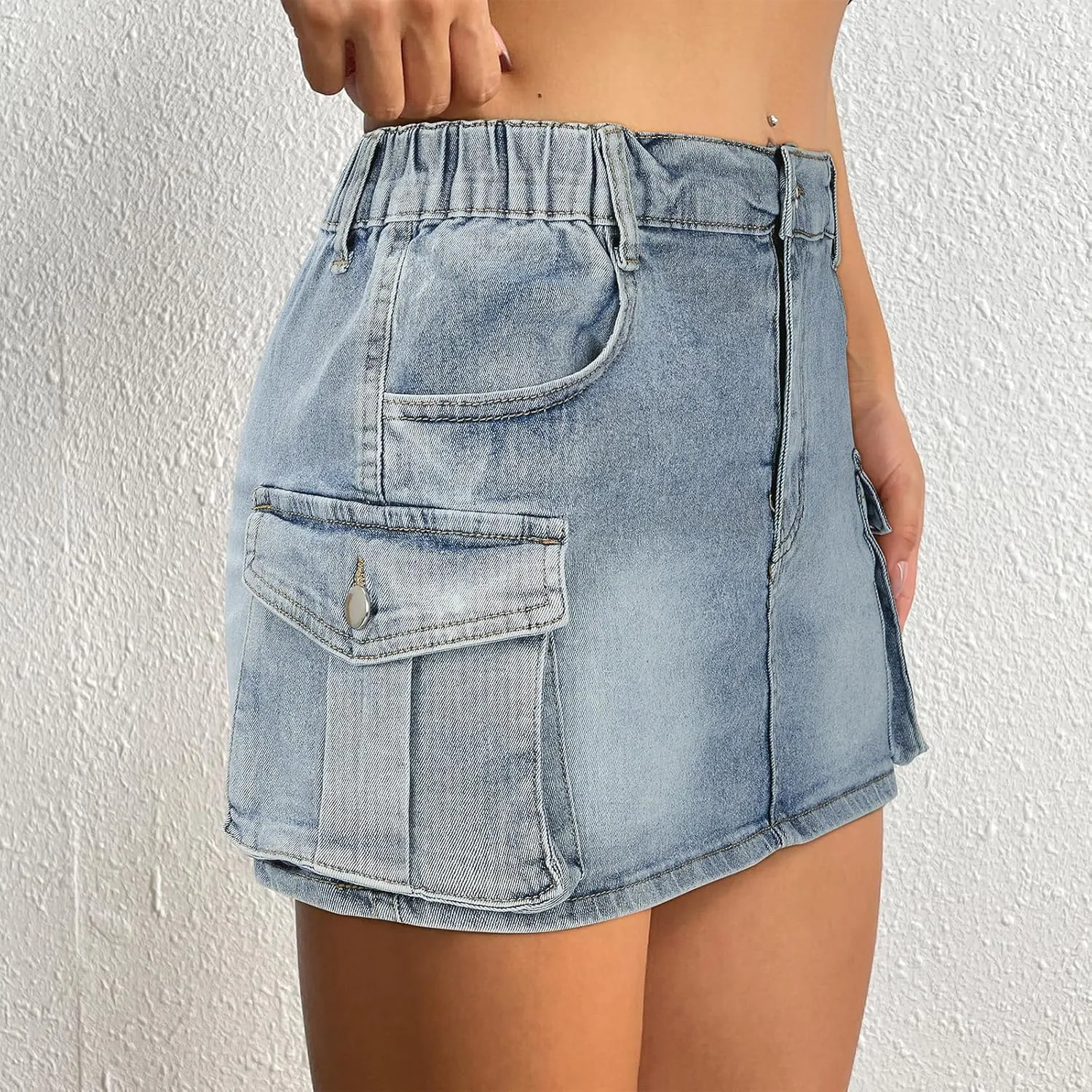 Women Denim Skirt Low Waist Cargo Skirt with Pockets Y2K Button Mini Jean Skirt
