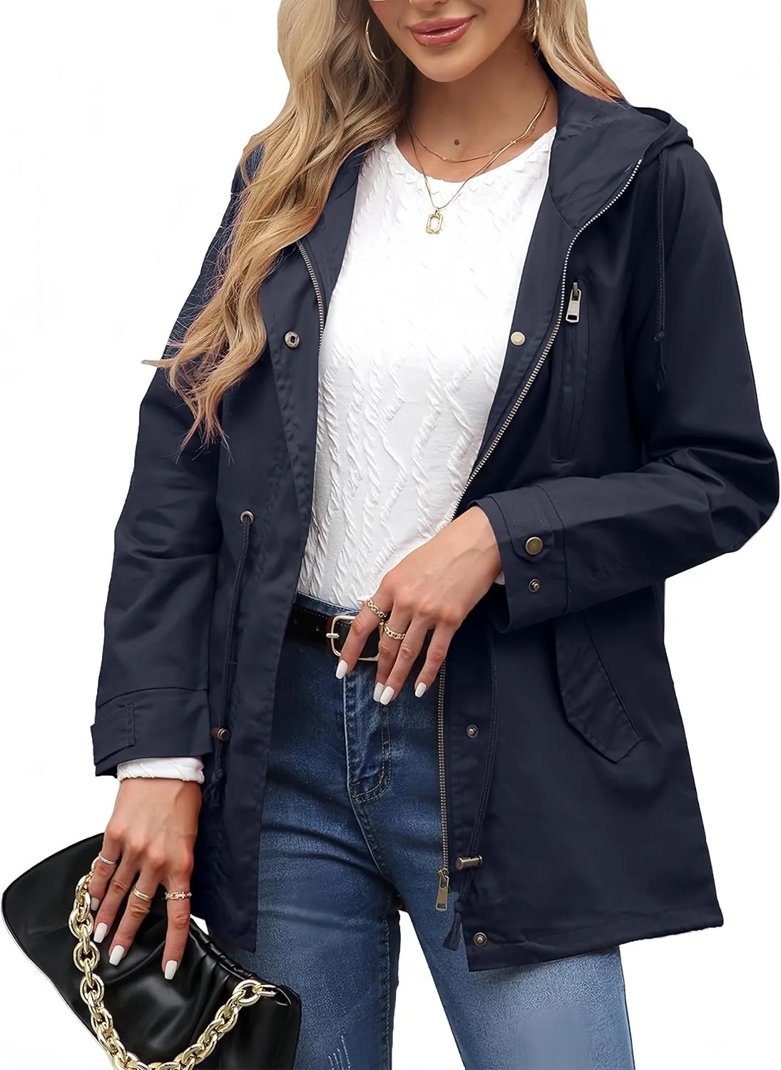 Women Trench Coat Windbreaker Zip Up Jacket With Pockets Casual Long Sleeve Outwear with Waist Drawstring