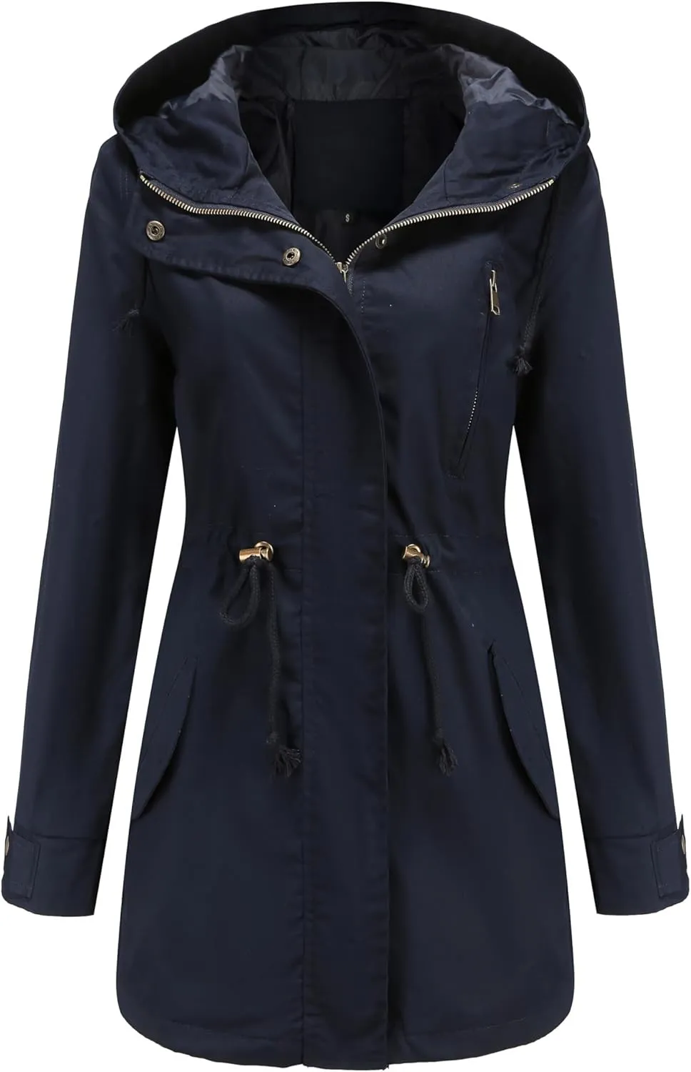 Women Trench Coat Windbreaker Zip Up Jacket With Pockets Casual Long Sleeve Outwear with Waist Drawstring