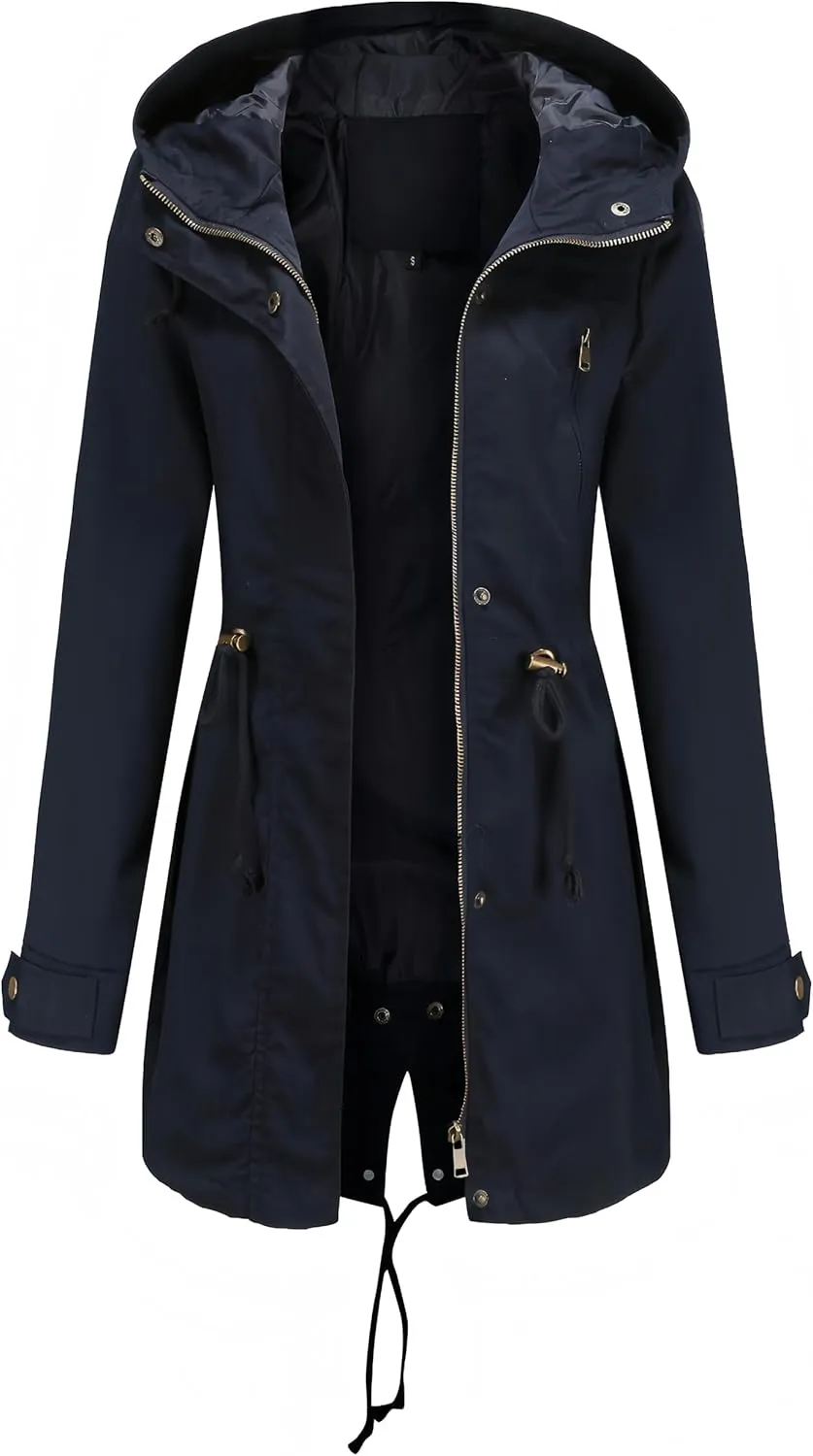 Women Trench Coat Windbreaker Zip Up Jacket With Pockets Casual Long Sleeve Outwear with Waist Drawstring