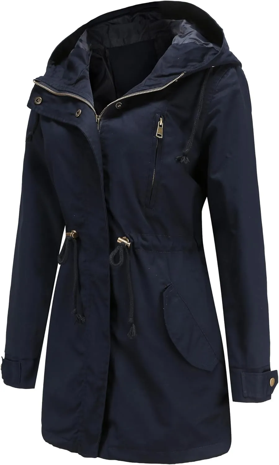 Women Trench Coat Windbreaker Zip Up Jacket With Pockets Casual Long Sleeve Outwear with Waist Drawstring