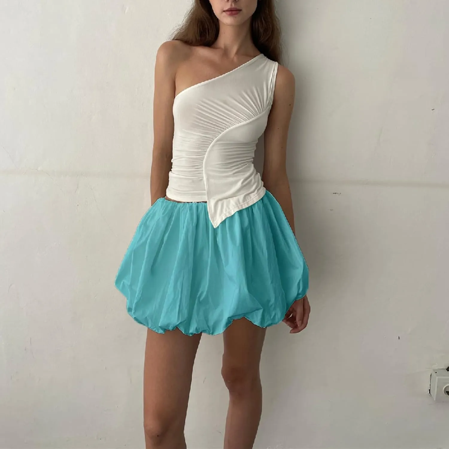 Women Y2K Bubble Skirt High Waist Ruffle Hem A Line Pleated Mini Short Skirt Teen Girls Puffy Short Skirts Streetwear
