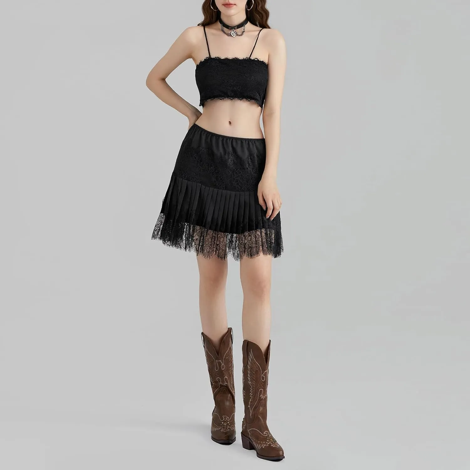 Women Y2k Lace Ruffle Pleated Mini Skirt Low Rise Half Slip Skirts Mesh Floral Layered Flowy Short Skirts