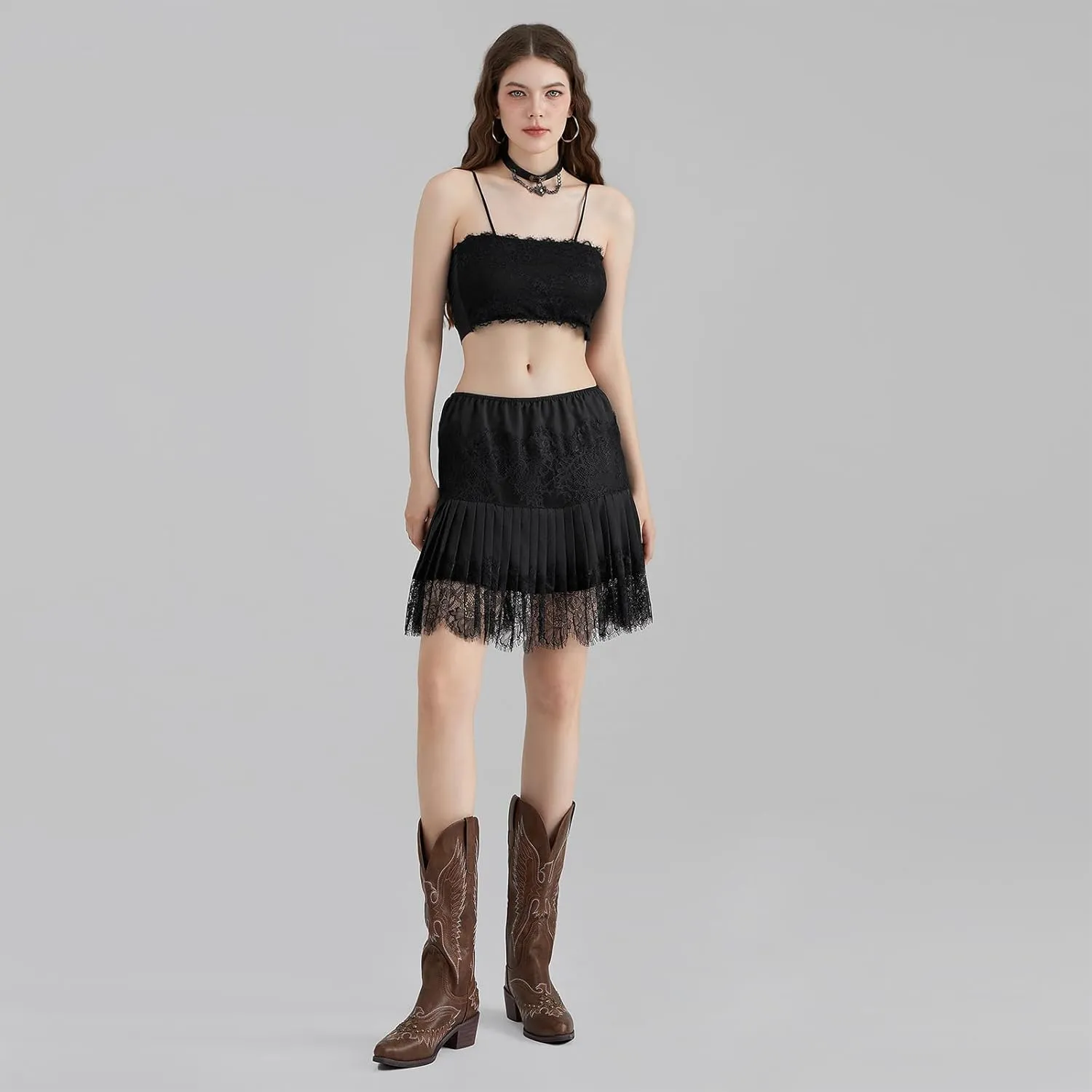 Women Y2k Lace Ruffle Pleated Mini Skirt Low Rise Half Slip Skirts Mesh Floral Layered Flowy Short Skirts