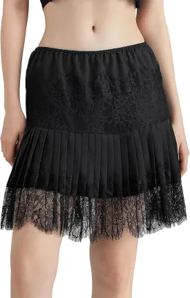 Women Y2k Lace Ruffle Pleated Mini Skirt Low Rise Half Slip Skirts Mesh Floral Layered Flowy Short Skirts