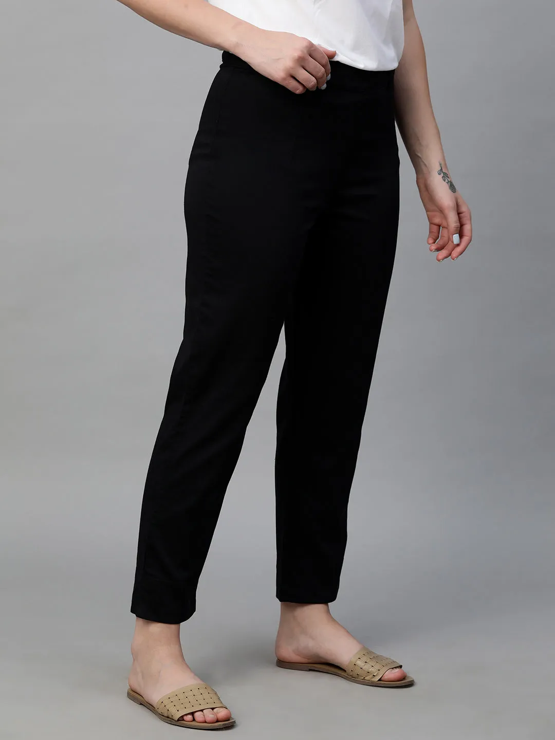 Women's Black Cotton Elastane Regular Fit Pant