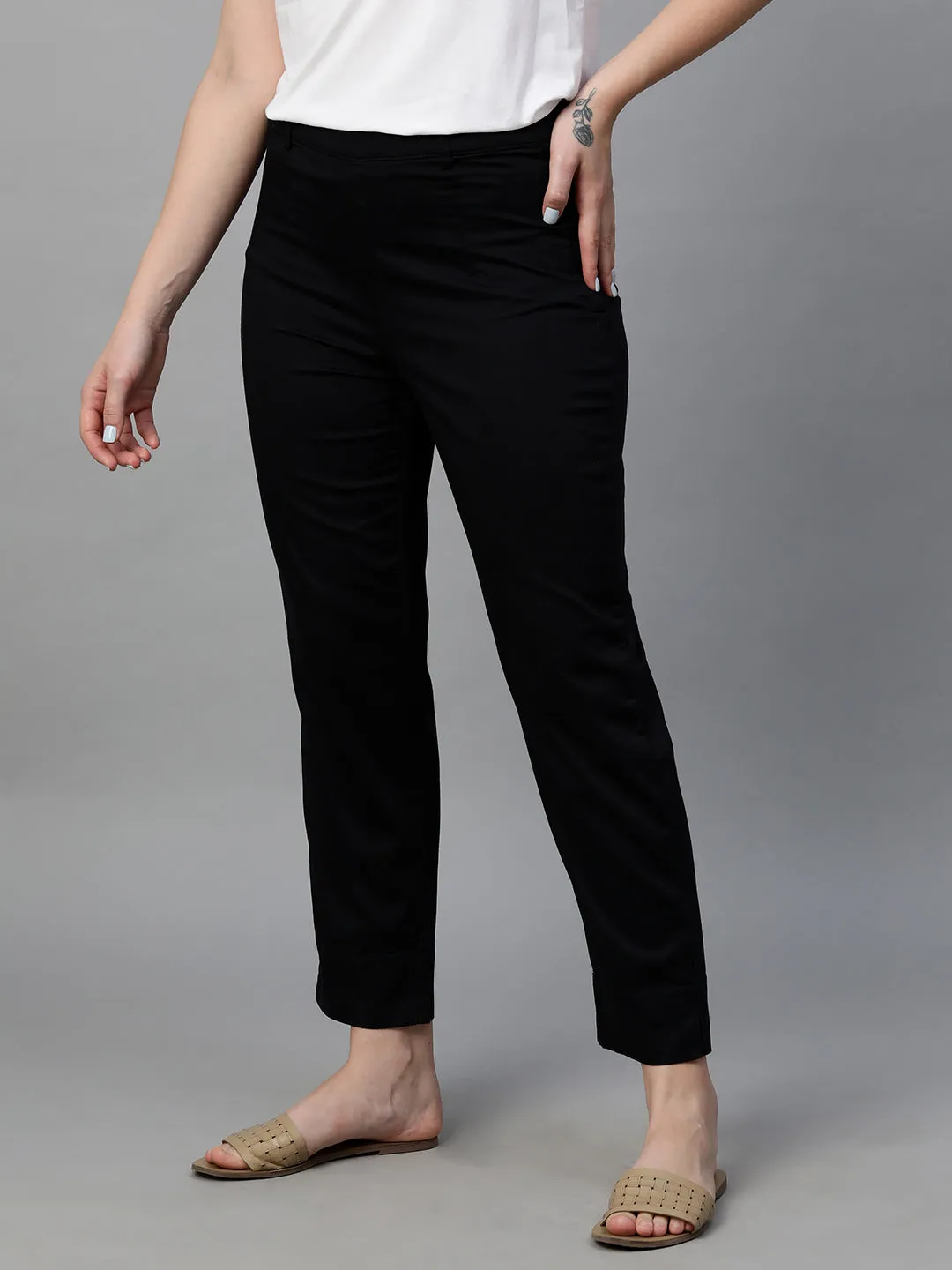 Women's Black Cotton Elastane Regular Fit Pant