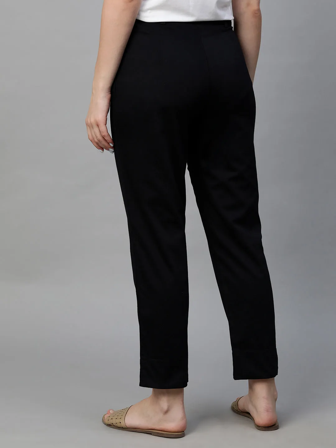 Women's Black Cotton Elastane Regular Fit Pant