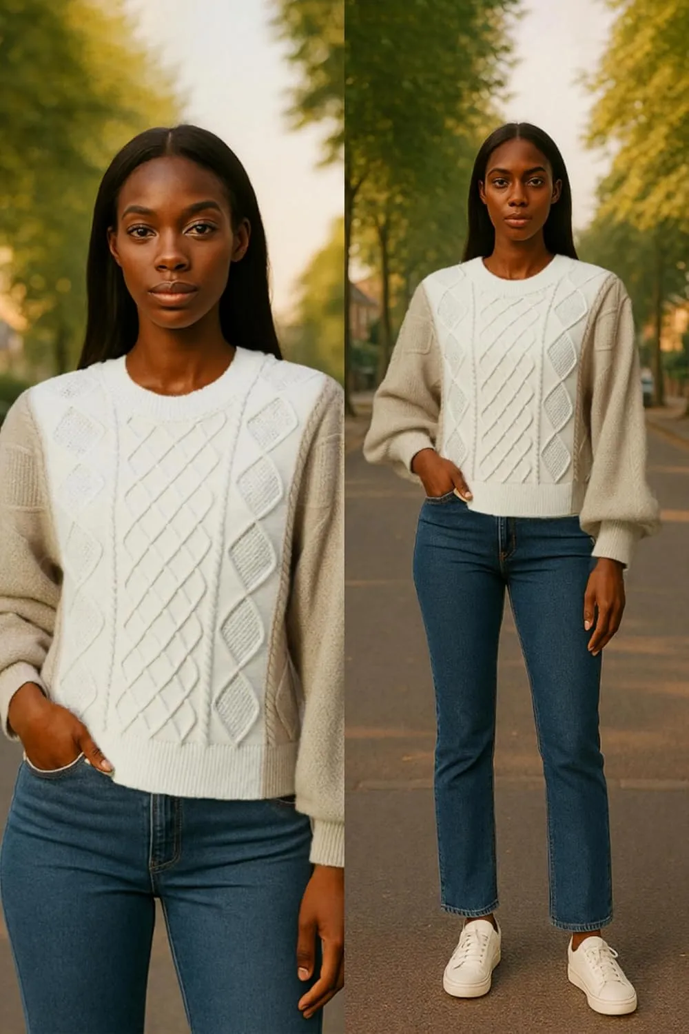 Women's Color Block Cable Knit Sweater  Crewneck Long Sleeve Pullover, Soft Textured Knitwear for Fall and Winter