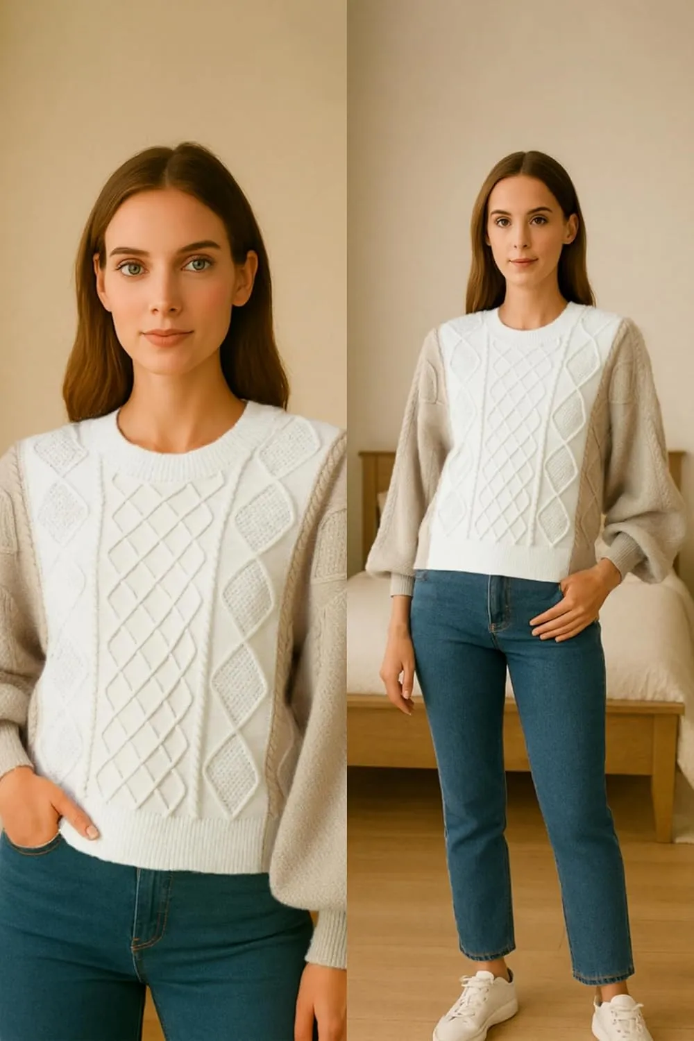 Women's Color Block Cable Knit Sweater  Crewneck Long Sleeve Pullover, Soft Textured Knitwear for Fall and Winter