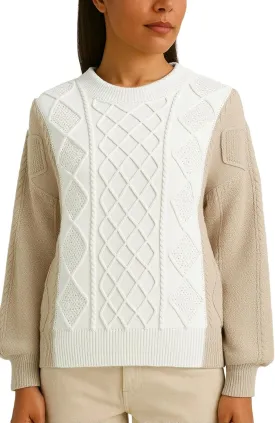 Women's Color Block Cable Knit Sweater  Crewneck Long Sleeve Pullover, Soft Textured Knitwear for Fall and Winter