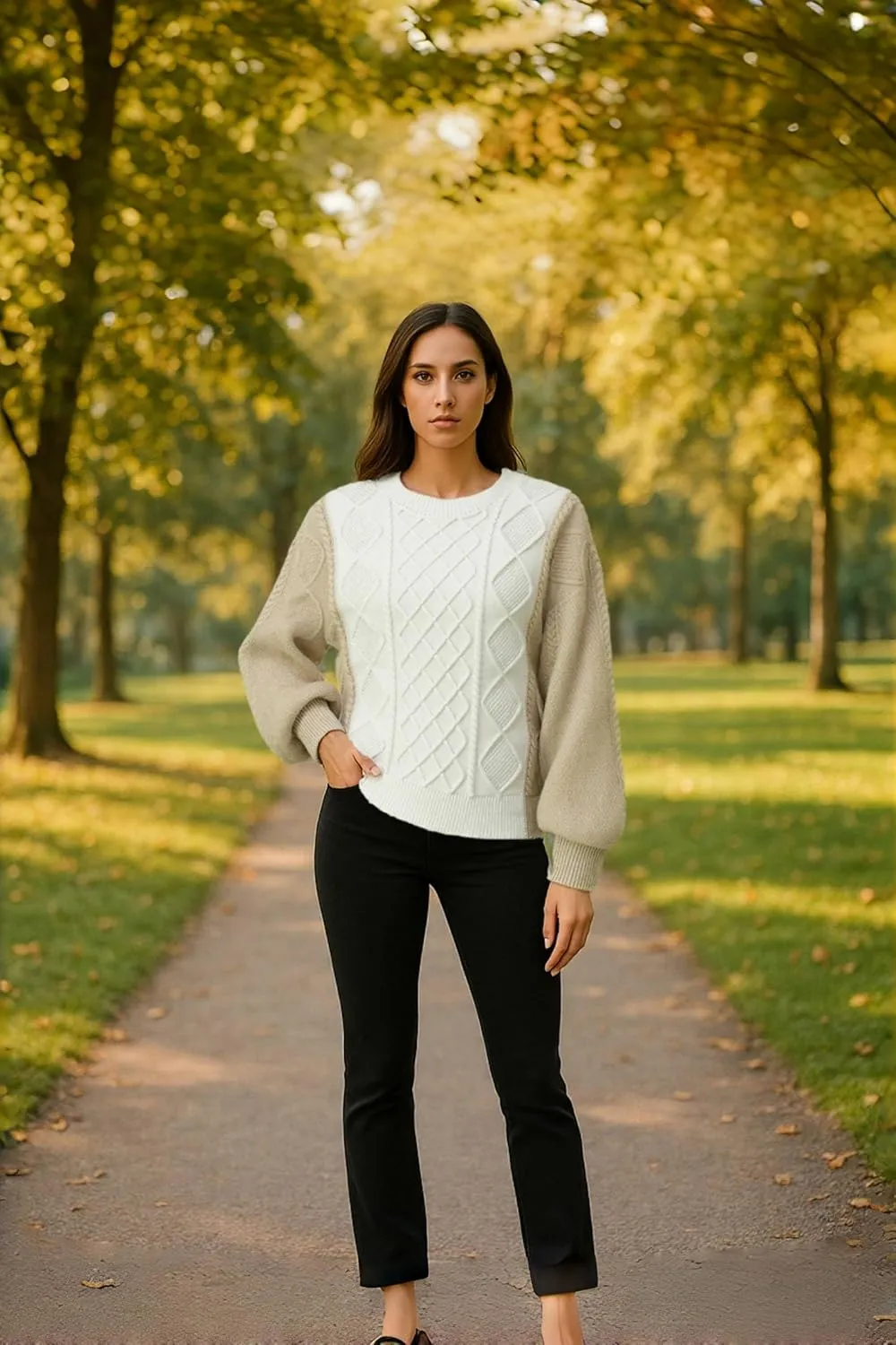 Women's Color Block Cable Knit Sweater  Crewneck Long Sleeve Pullover, Soft Textured Knitwear for Fall and Winter