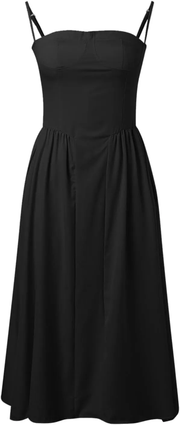 Womens Corset Dress Spaghetti Strap Bustier Midi Dress Sexy Partydress Flowy Pleated Hem Low Cut Prom Dresses