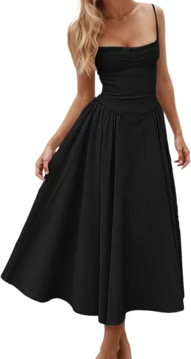 Womens Corset Dress Spaghetti Strap Bustier Midi Dress Sexy Partydress Flowy Pleated Hem Low Cut Prom Dresses