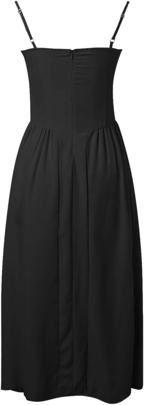 Womens Corset Dress Spaghetti Strap Bustier Midi Dress Sexy Partydress Flowy Pleated Hem Low Cut Prom Dresses