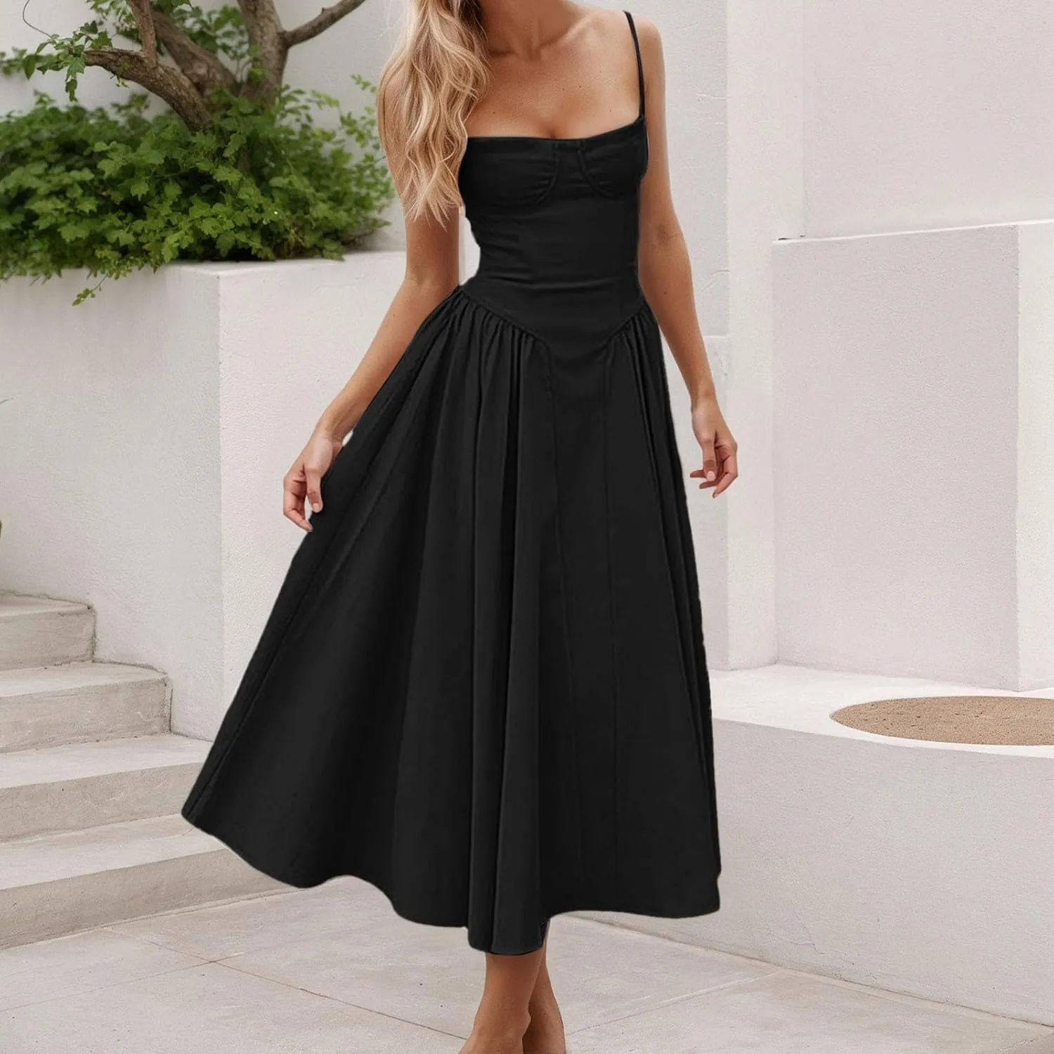 Womens Corset Dress Spaghetti Strap Bustier Midi Dress Sexy Partydress Flowy Pleated Hem Low Cut Prom Dresses