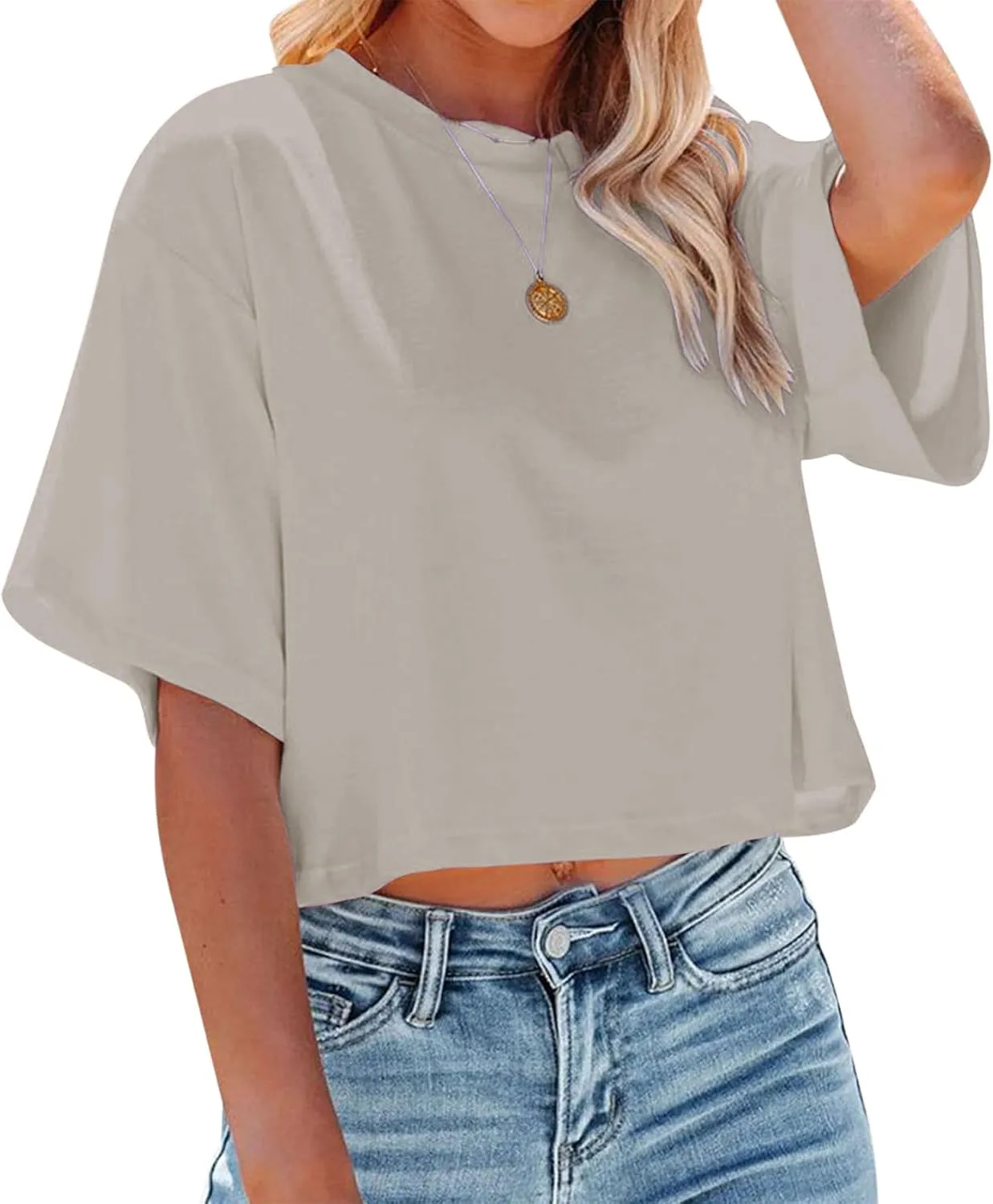 Women's Crop Tops Trendy 2025 Half Sleeve Crewneck Boxy Cropped Tee Shirts Summer Workout Tops