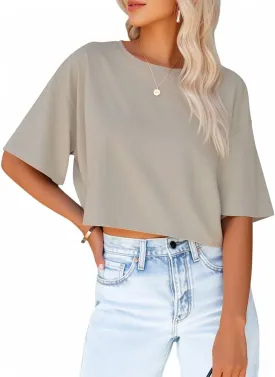 Women's Crop Tops Trendy 2025 Half Sleeve Crewneck Boxy Cropped Tee Shirts Summer Workout Tops