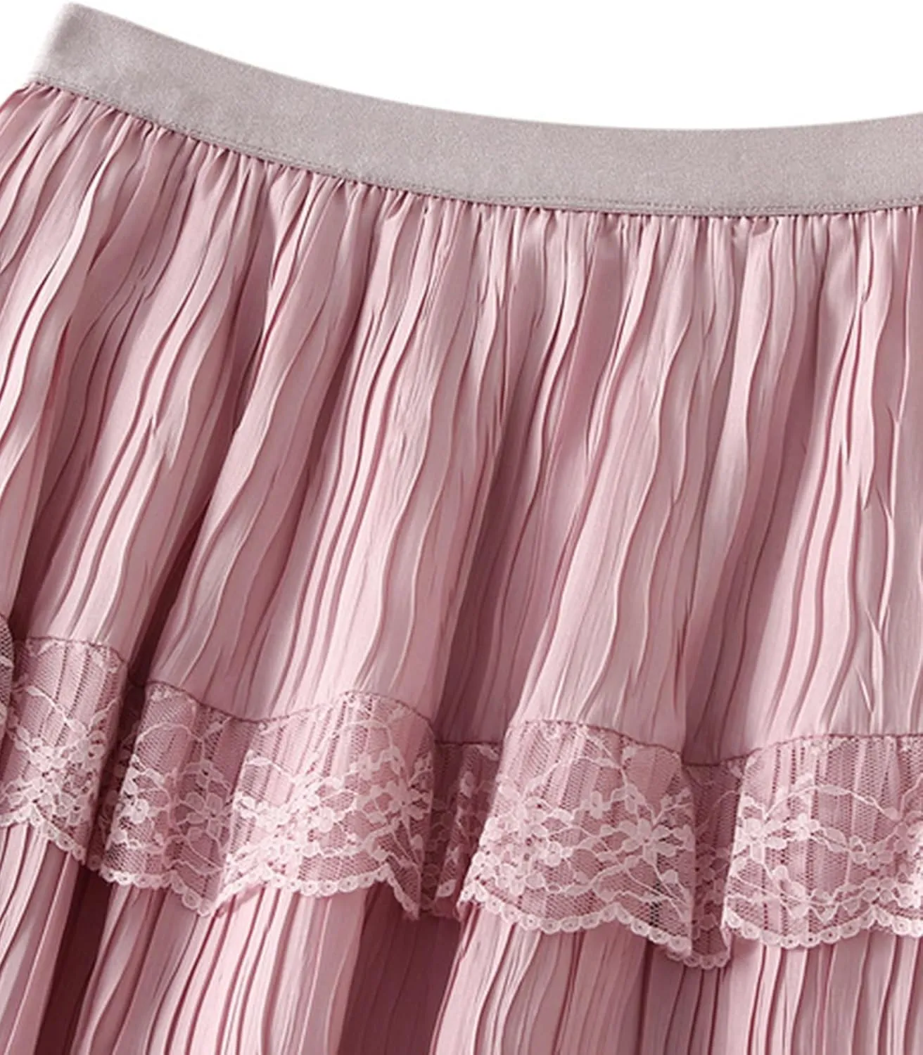 Womens Elastic High Waisted A Line Midi Skirt Trendy Layered Lace Pleated Cute Skirts