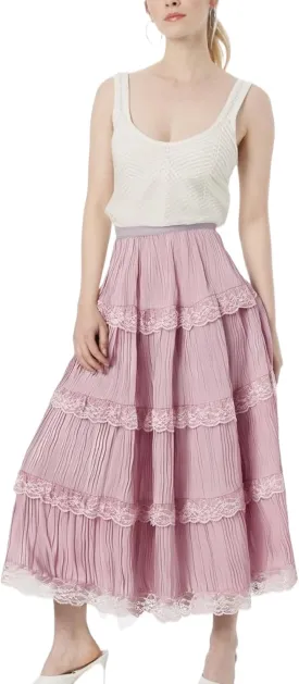 Womens Elastic High Waisted A Line Midi Skirt Trendy Layered Lace Pleated Cute Skirts
